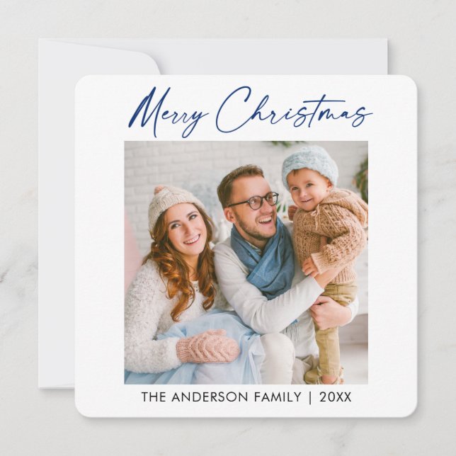 Calligraphy Blue Ink Christmas Photo Minimalist Holiday Card (Front)