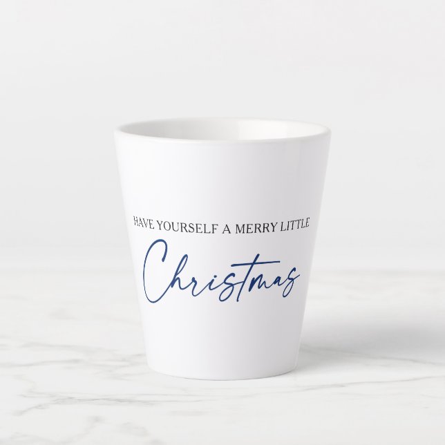 Calligraphy Blue Ink Pen Minimalist Christmas Latte Mug (Front)