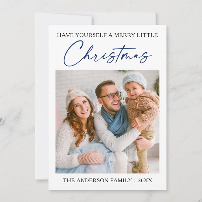 Calligraphy Blue Ink Pen Minimalist Photo Holiday Card (Front)