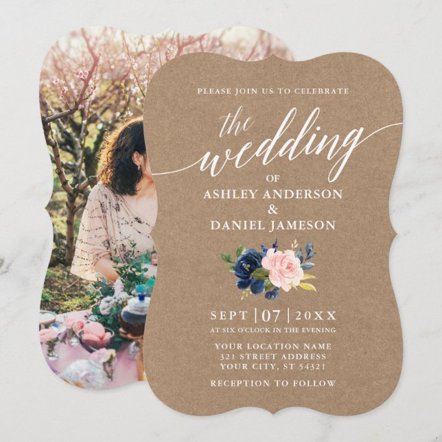 Calligraphy Blue Pink Floral Wedding Kraft Photo Invitation (Front/Back)
