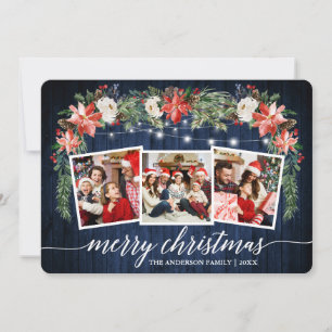 Calligraphy Blue Wood Watercolor Floral 3 Photo Holiday Card