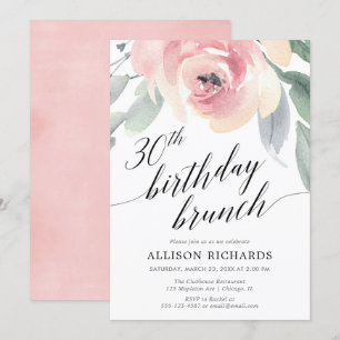 Calligraphy blush floral 30th birthday brunch invitation