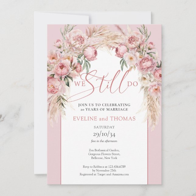 Calligraphy blush peonies pampas arch we still do  invitation (Front)