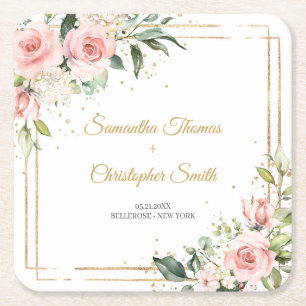 Calligraphy blush pink roses eucalyptus gold frame square paper coaster
