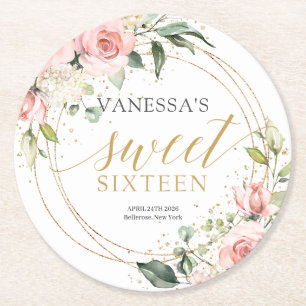 Calligraphy  blush pink roses sage 16th birthday  round paper coaster