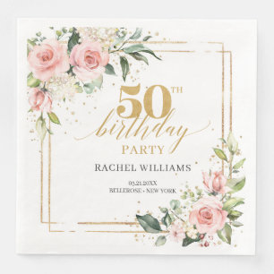 Calligraphy blush pink roses sage 50th birthday napkin