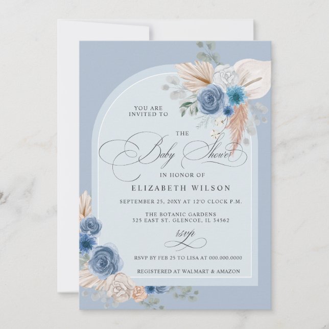 Calligraphy Boho Dusty Blue Pampas Baby Shower Invitation (Front)
