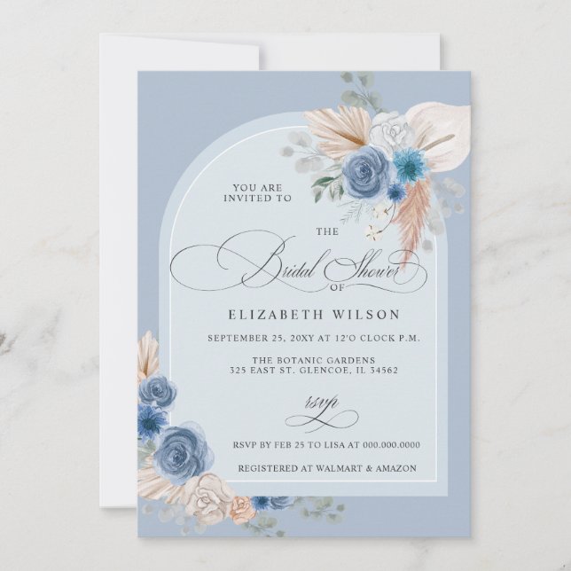 Calligraphy Boho Dusty Blue Pampas Bridal Shower Invitation (Front)