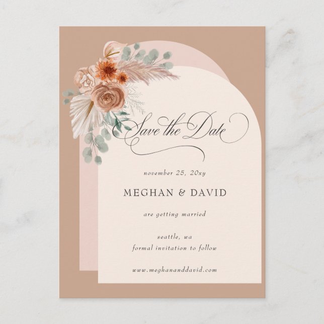 Calligraphy Boho Terracotta Pampas Save the Date Announcement Postcard (Front)