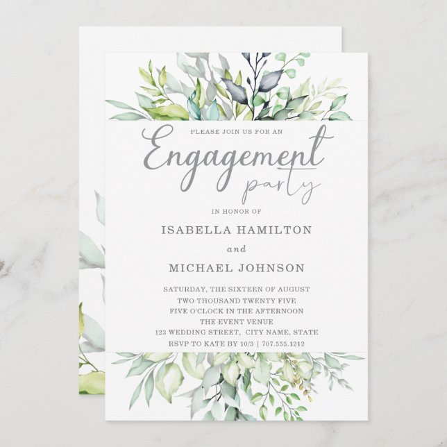 Calligraphy Botanical Engagement Party Invitation (Front/Back)