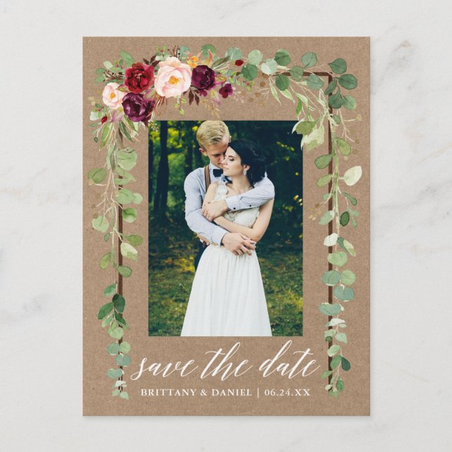 Calligraphy Botanical Floral Save The Date Kraft Announcement Postcard (Front)
