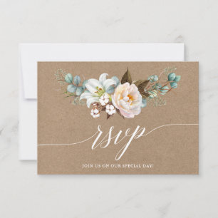 Calligraphy Botanical Floral Wedding Kraft RSVP Card
