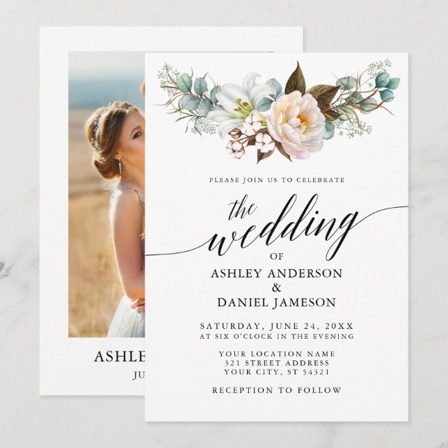 Calligraphy Botanical Floral Wedding Photo Back Invitation (Front/Back)