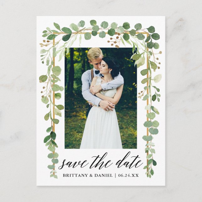 Calligraphy Botanical Gold Save The Date Photo Announcement Postcard (Front)
