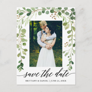 Calligraphy Botanical Green Save The Date Photo Announcement Postcard