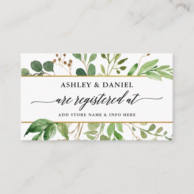 Calligraphy Botanical Green Wedding Registry Enclosure Card (Front)