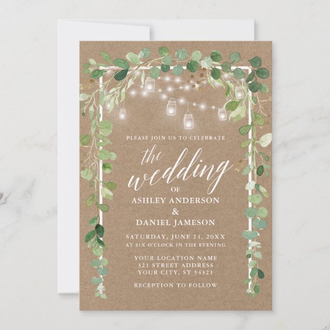 Calligraphy Botanical Lights Kraft Wedding Invitation (Front)