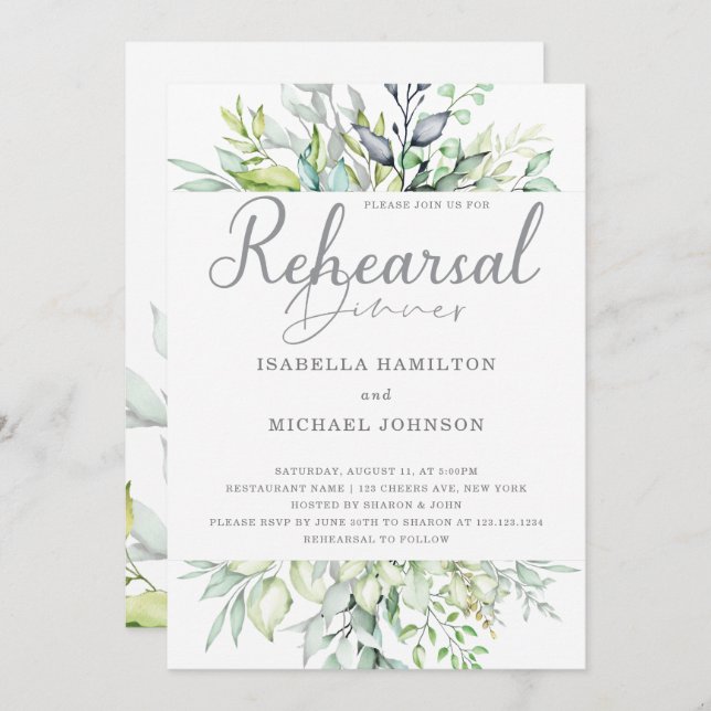Calligraphy Botanical Rehearsal Dinner Invitation (Front/Back)