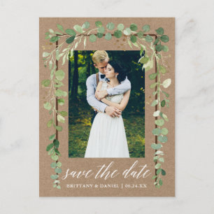 Calligraphy Botanical Save The Date Wood Kraft Announcement Postcard