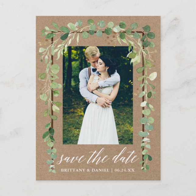 Calligraphy Botanical Save The Date Wood Kraft Announcement Postcard (Front)