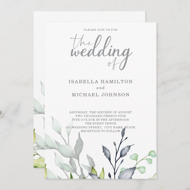 Calligraphy Botanical Wedding elegant Invitation (Front/Back)