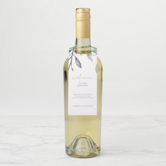 Calligraphy Botanical Wedding Welcome Bottle Tag (On Bottle)
