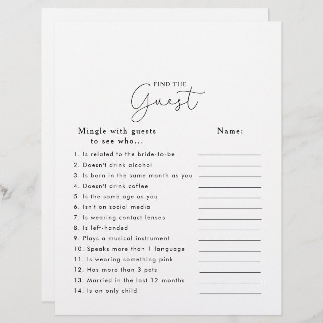 Calligraphy Bridal Shower Find the Guest Game (Front/Back)
