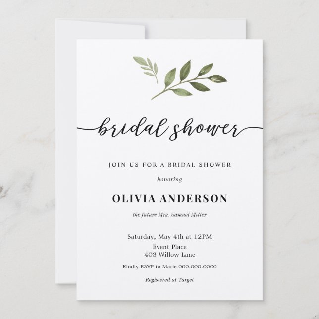 Calligraphy Bridal Shower invitation with greenery (Front)