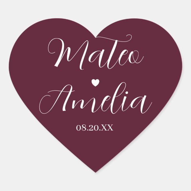 Calligraphy Bride and Groom Names on Heart Sticker (Front)