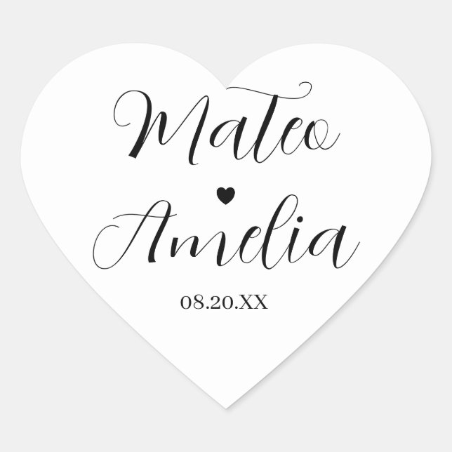 Calligraphy Bride and Groom Names on Heart Sticker (Front)