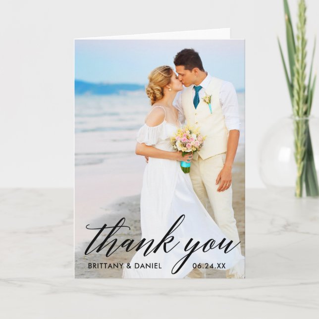 Calligraphy Bride Groom Wedding Photo Fold B Thank You Card (Front)
