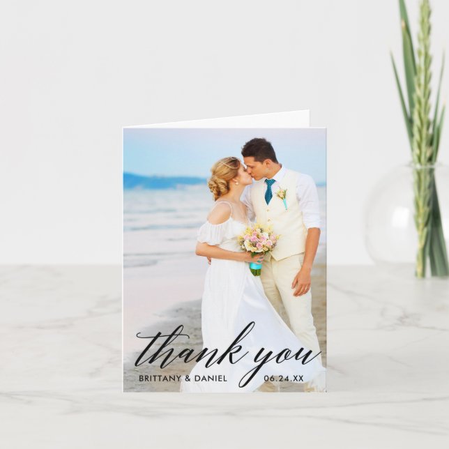 Calligraphy Bride Groom Wedding Photo Note B Thank You Card (Front)