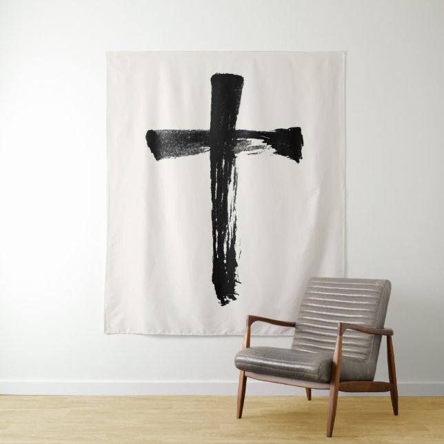 Calligraphy Brush Cross Christian Modern Crucifix Tapestry (In Situ)