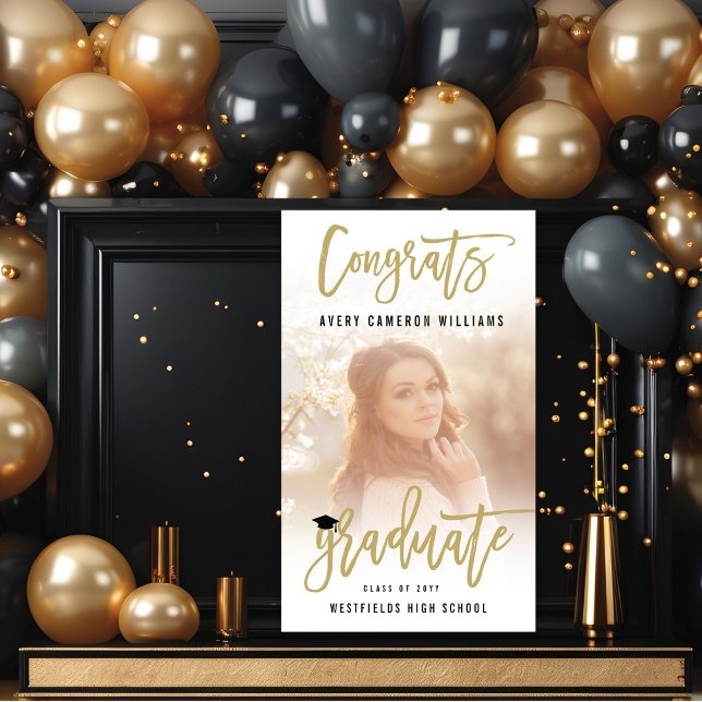 Calligraphy Brush Script Photo Graduation Party Banner (Calligraphy Gold Brush Script Stylish Photo Graduation Party Banner @ www.zazzle.com/color_therapy)