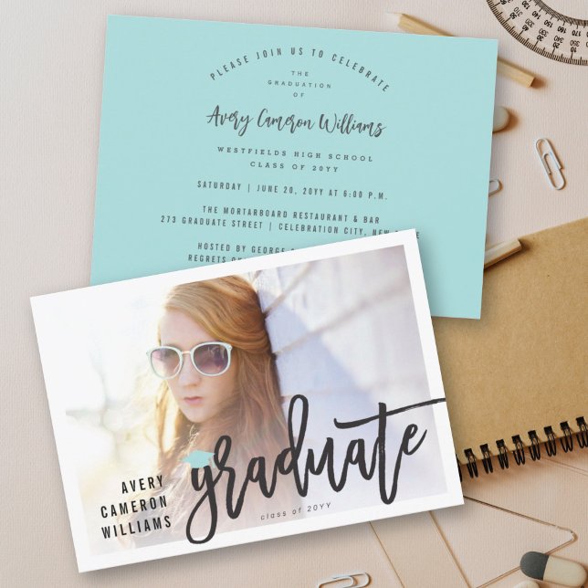 Calligraphy Brush Script Photo Graduation Party Invitation (Creator Uploaded)