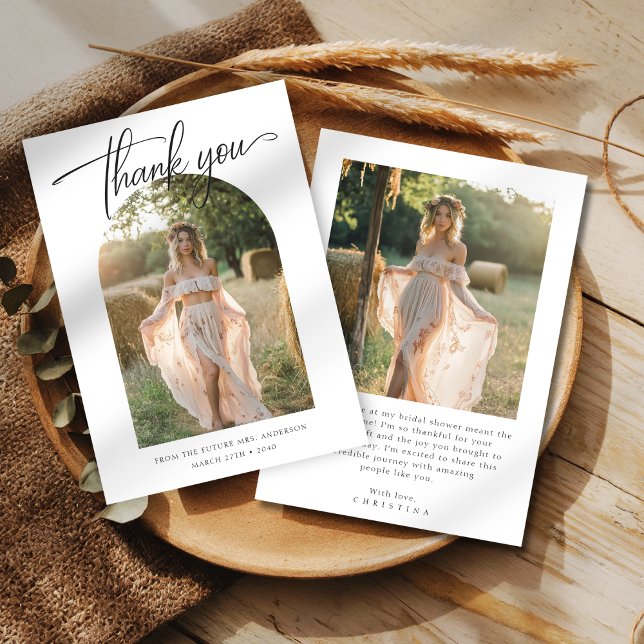 Calligraphy Budget Wedding Bridal Shower 2 Photo Thank You Card (Creator Uploaded)