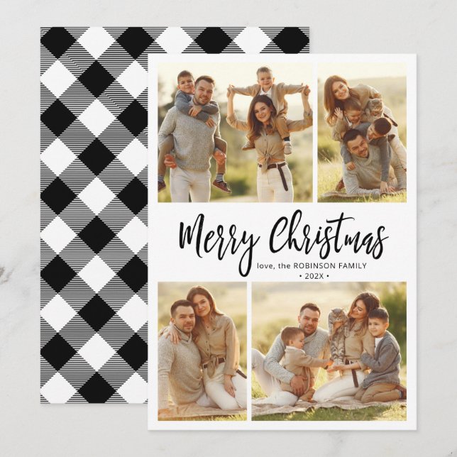 Calligraphy Buffalo Plaid 4 Multi Photo Christmas  Holiday Card (Front/Back)