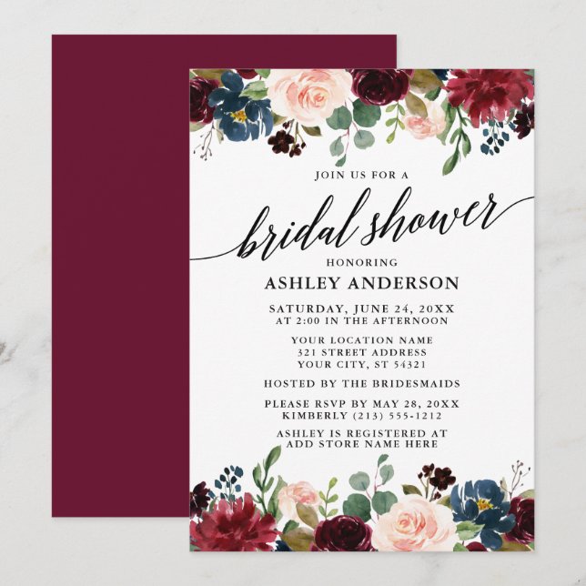 Calligraphy Burgundy Blue Floral Bridal Shower Invitation (Front/Back)
