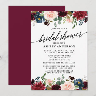 Calligraphy Burgundy Blue Floral Bridal Shower Invitation