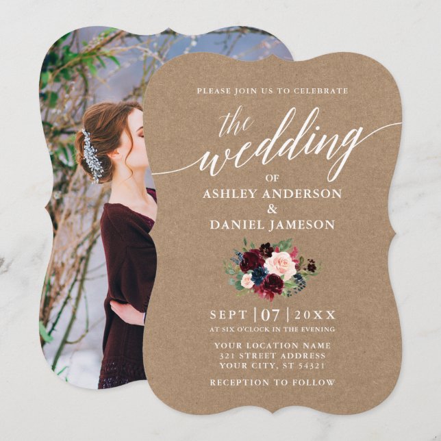 Calligraphy Burgundy Blue Floral Kraft Photo Invitation (Front/Back)