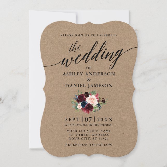 Calligraphy Burgundy Blue Floral Kraft Wedding Invitation (Front)