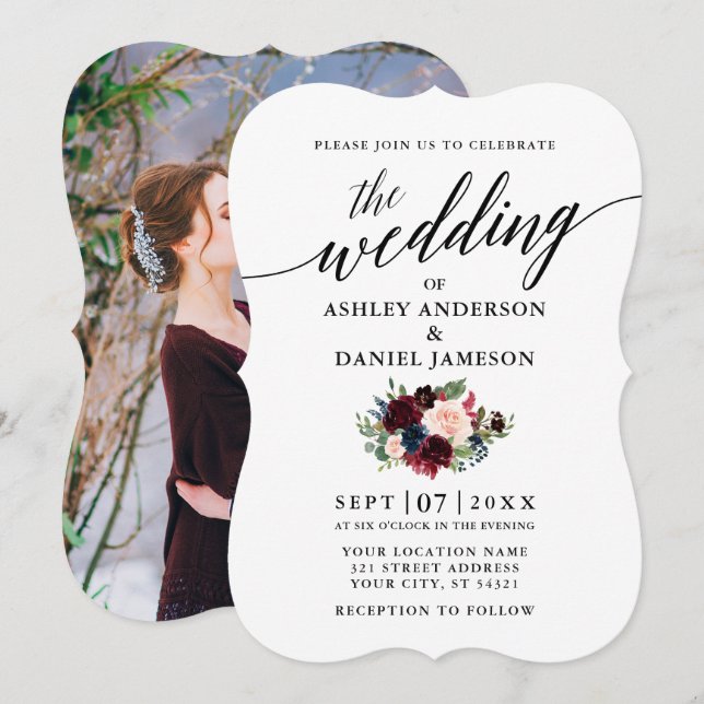 Calligraphy Burgundy Blue Floral Photo Wedding Invitation (Front/Back)