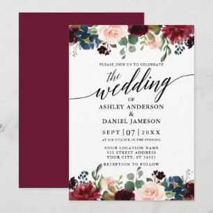 Calligraphy Burgundy Blue Floral Wedding Invitation