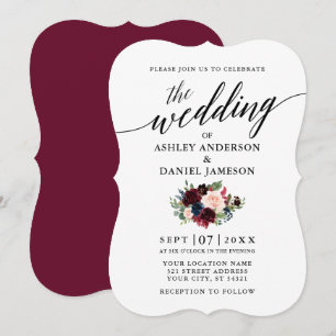 Calligraphy Burgundy Blue Floral Wedding Invitation