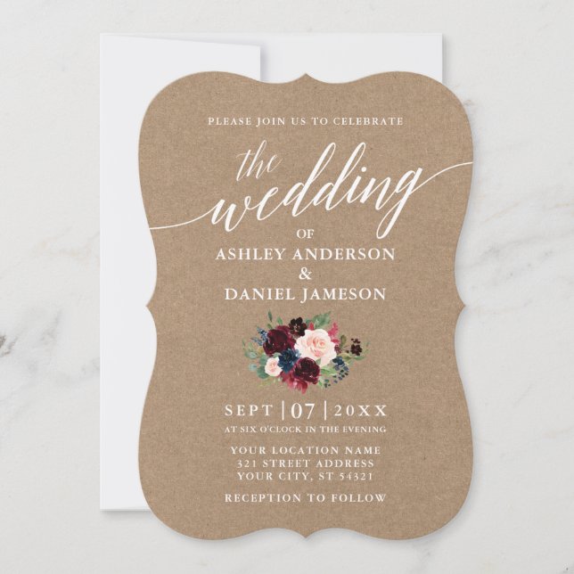 Calligraphy Burgundy Blue Floral Wedding Kraft Invitation (Front)