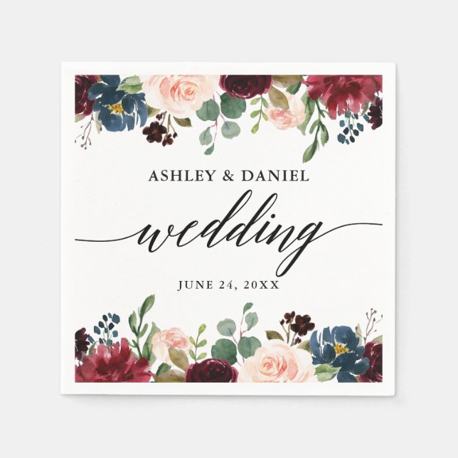 Calligraphy Burgundy Blue Floral Wedding Napkin (Front)