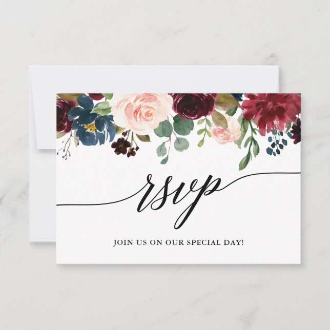 Calligraphy Burgundy Blue Floral Wedding RSVP Card (Front)