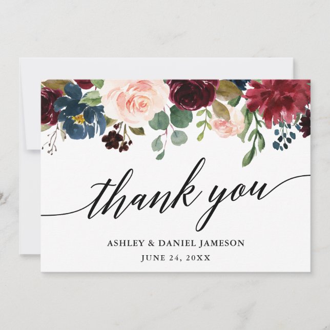 Calligraphy Burgundy Blue Floral Wedding Thank You Card (Front)