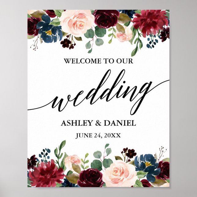 Calligraphy Burgundy Blue Floral Wedding Welcome Poster (Front)