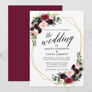 Calligraphy Burgundy Blue Geometric Gold Wedding Invitation